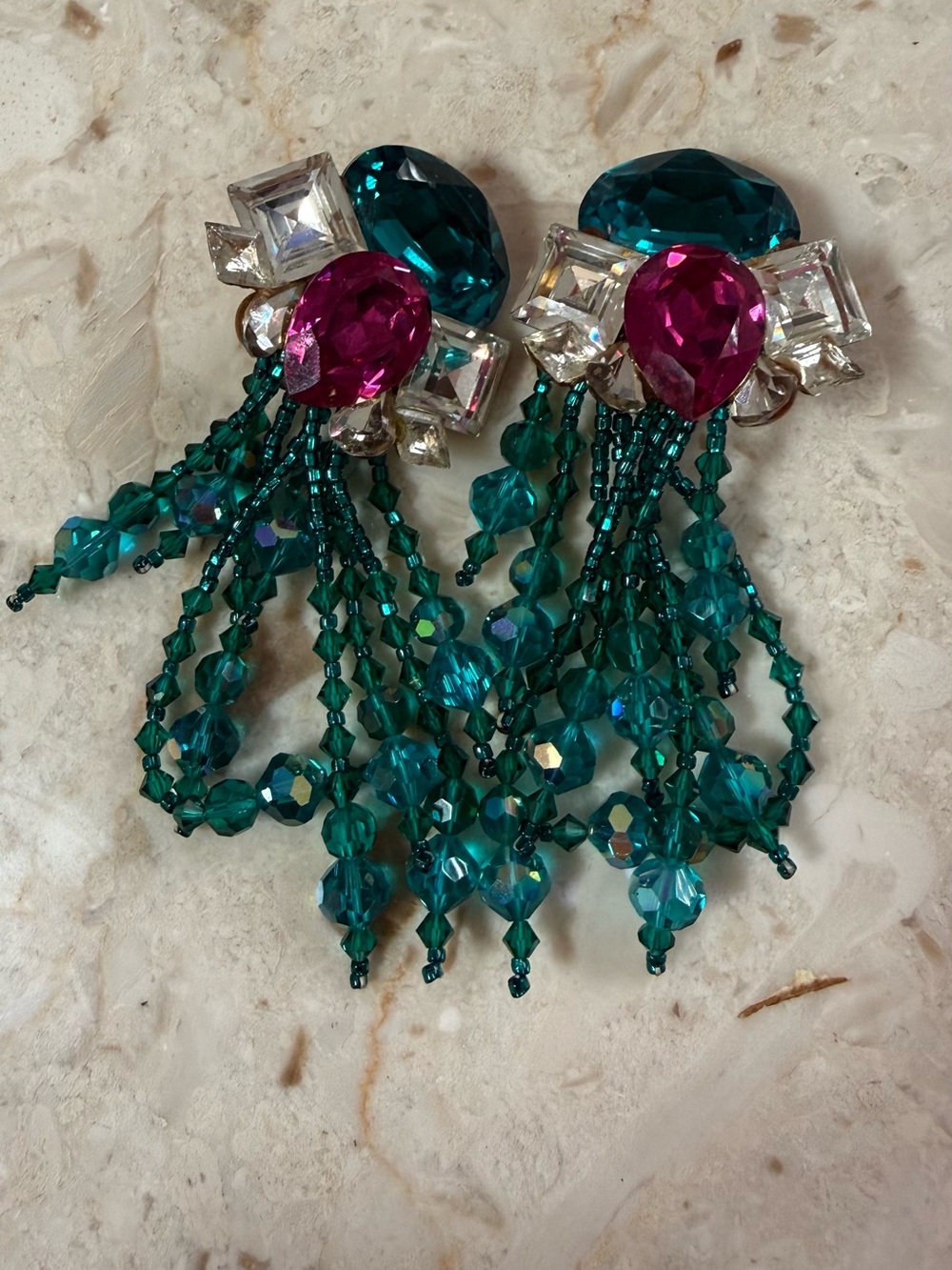 Emerald Bead Fringe Drop Earrings with Fuchsia Crystal Accent Clip On